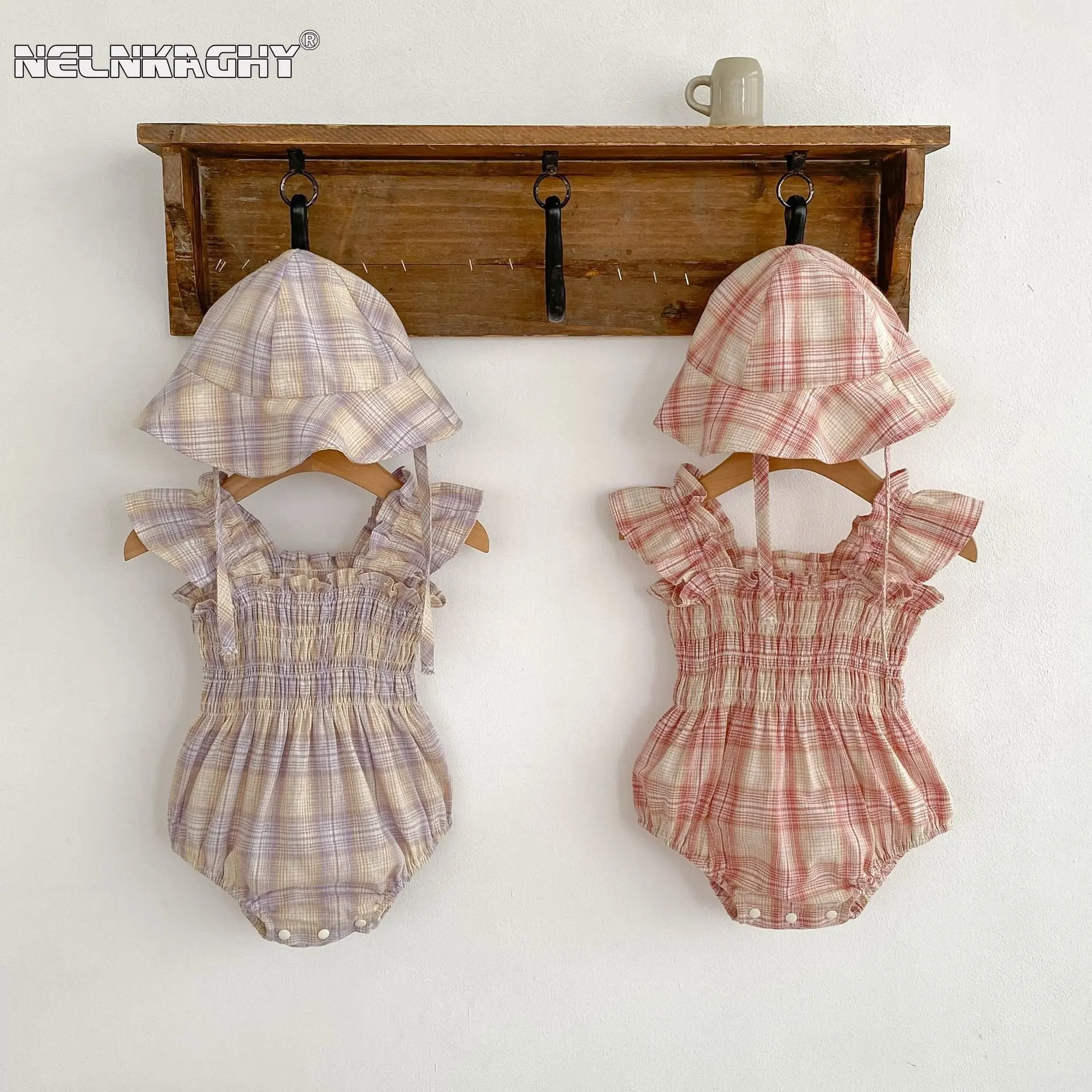 

Fashion Plaid Ruched One-Piece Overalls Fly Sleeves for Newborns Infants - Kids Baby Cotton Bodysuit+hat Perfect Summer Outfit