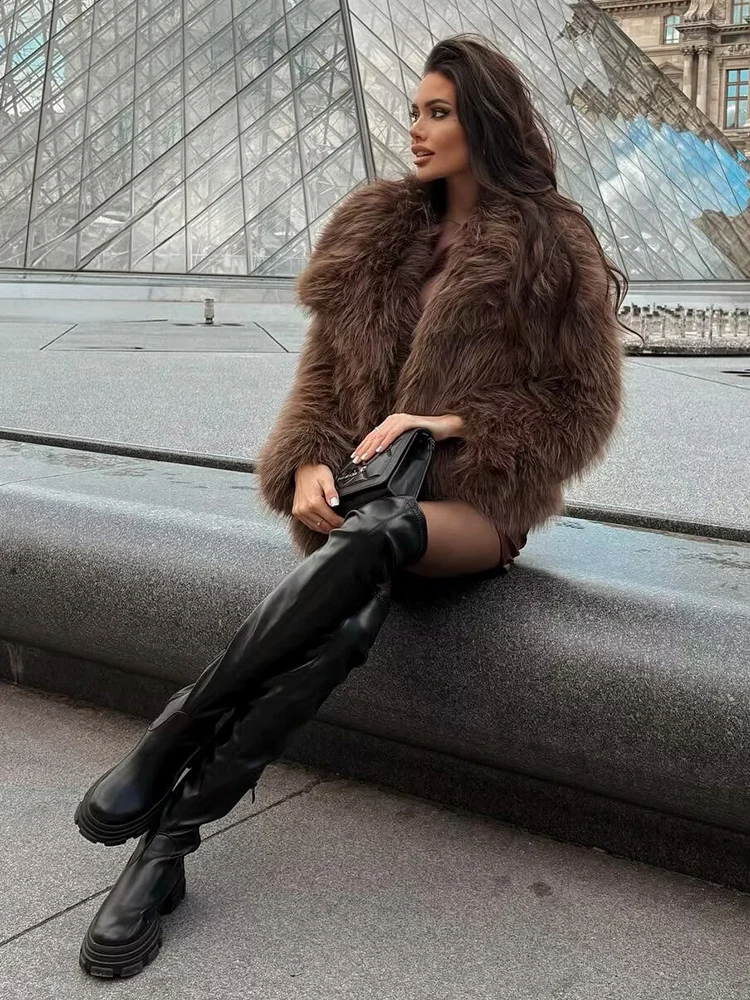 Chic Fashion Faux Fur Winter Jacket Women Vintage Lapel Neck Long Sleeves Fluff Warm Jackets Coat Female Casual New Outerwear