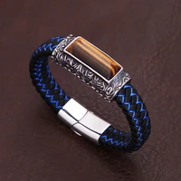 Fashion Vintage Tiger Eye Brown Stone Bracelet For Men Stainless Steel Punk Leather Engraving Bracelets Amulet Jewelry Wholesale