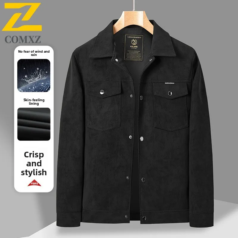 Spring Autumn Men's Suede Work Jacket Waterproof Windproof Lapel Coat Trendy Loose Fit Casual Top Versatile Streetwear New 2025