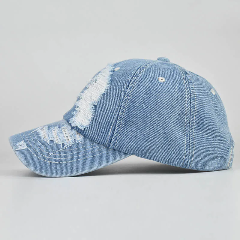 Distressed Ripped Denim Baseball Cap for Men Women's Caps Cotton Jeans Blue Summer Hats for Women 4