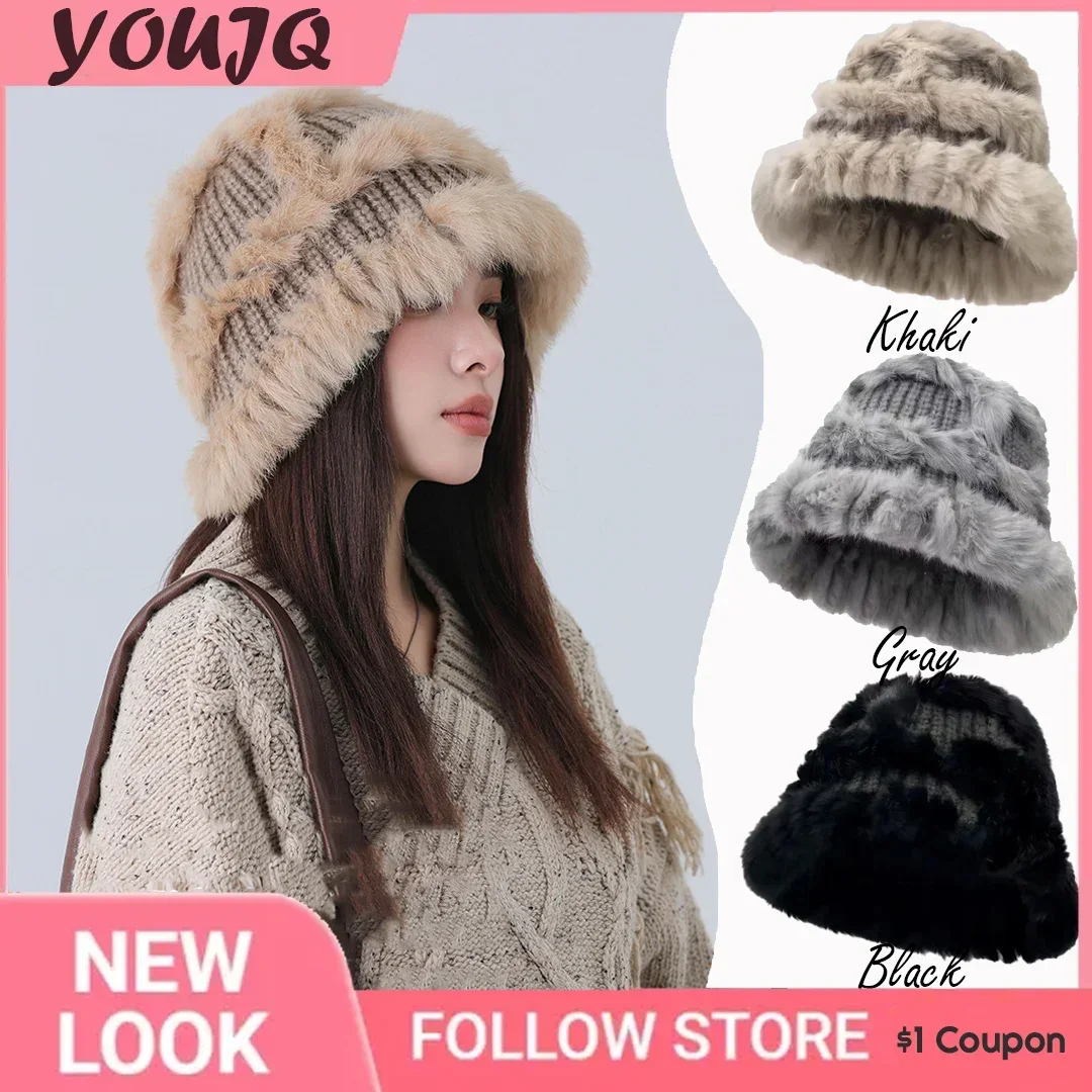 

Japanese Rabbit Hair Hand Knitting Plush Bucket Hats for Women Warm Winter Versatile Student Knitting Basin Sombreros De Mujer