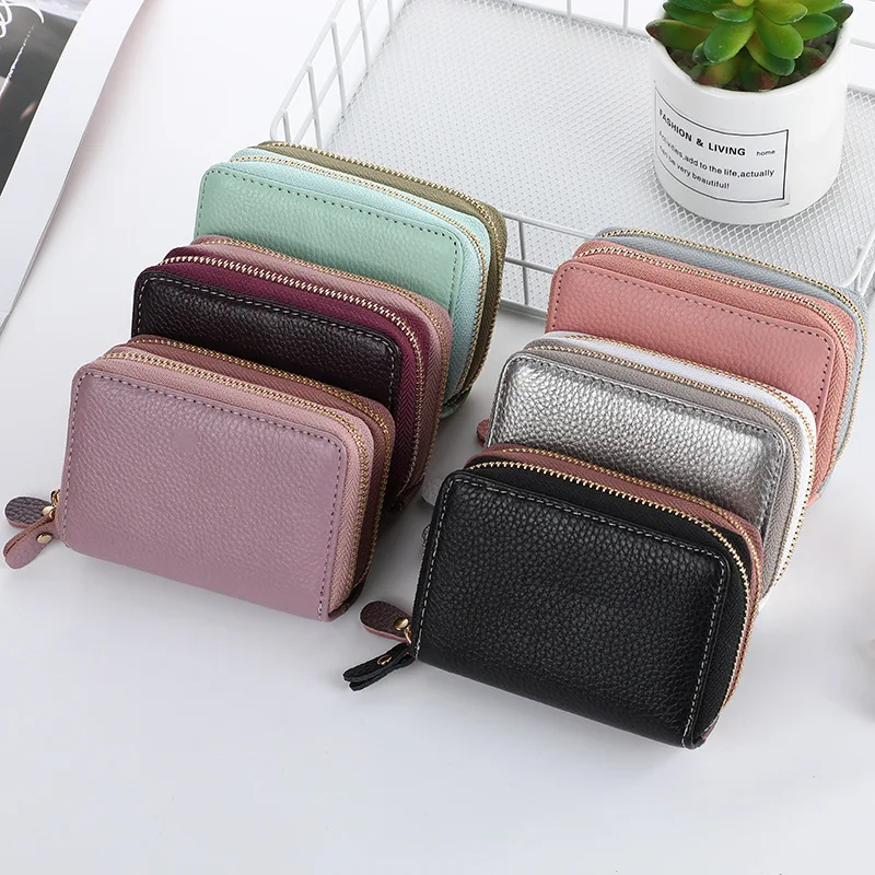 1PC Genuine Leather Casual Business Card Holders Double Zipper Women