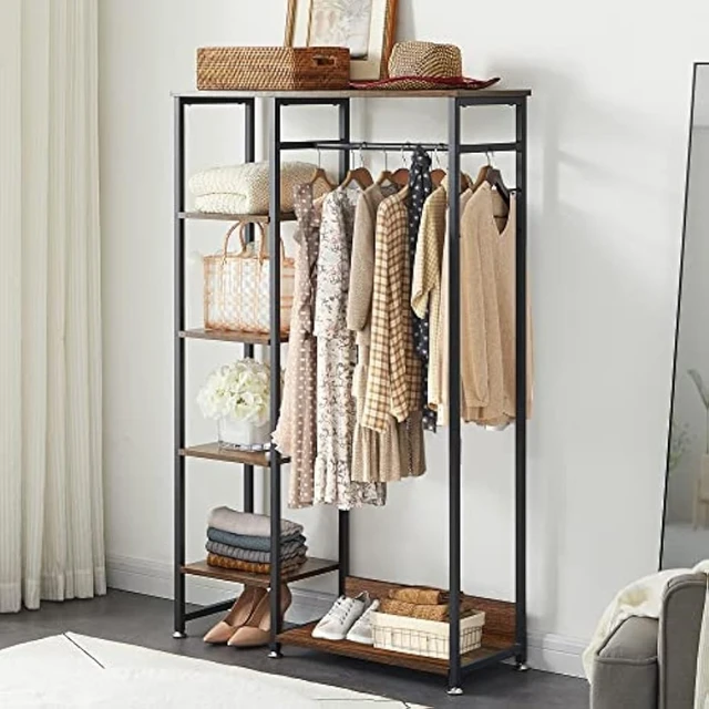 Vintage Clothes Closet/Storage Organizer Freestanding Garment Rack with  Hanging Rod and Shelves