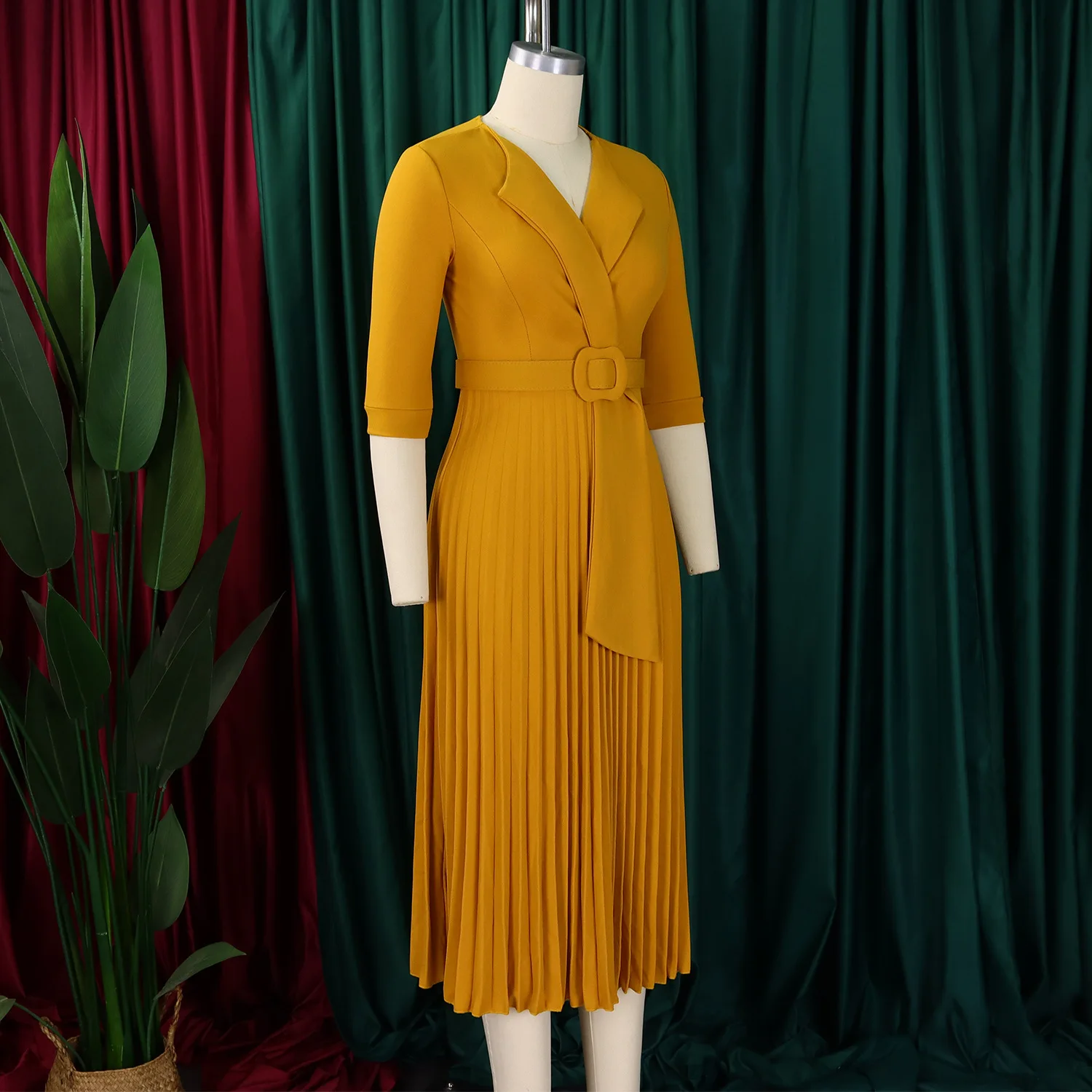 XIOCEAN Elegant Office Dresses Pleated for Woman Notched Collar Half Sleeve Belt Waisted Mid Calf Afircan Business New Robe