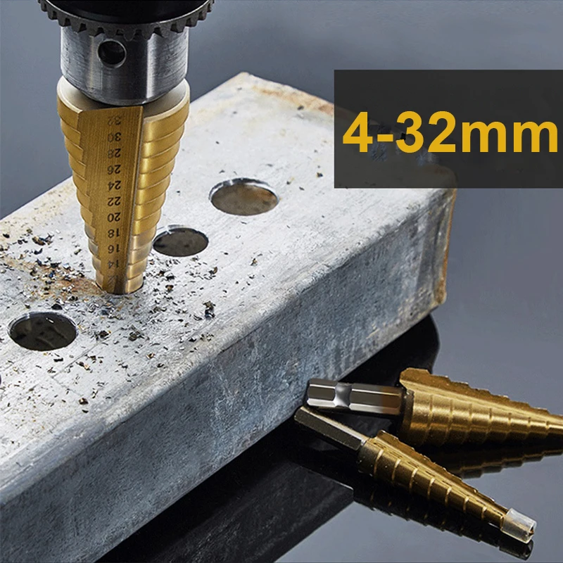 

4-32mm Step Drill Bit HSS Titanium Coated Metal Hex Core Drill Bits Sharpener Multifunction Stepped Drilling Conical Woodworking