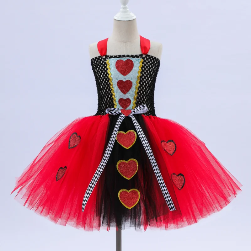 Cosplay Costume Girls Queen of Hearts Costume Kids Halloween Dress up Fancy Tutu Dress Crown Classic Wonderland Red Queen Gown Clothes