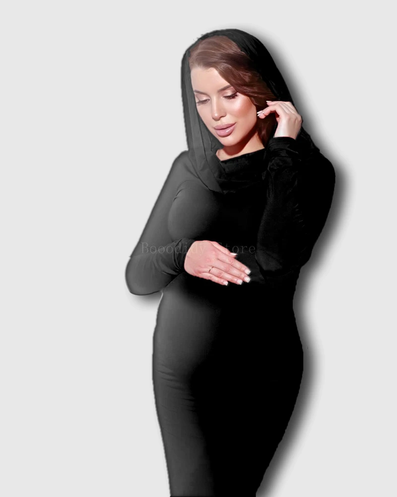 

Maternity Photo Shoot Dress Pregnancy Fashion Hooded Back-Slit Solid Color Dress for Photography Parties