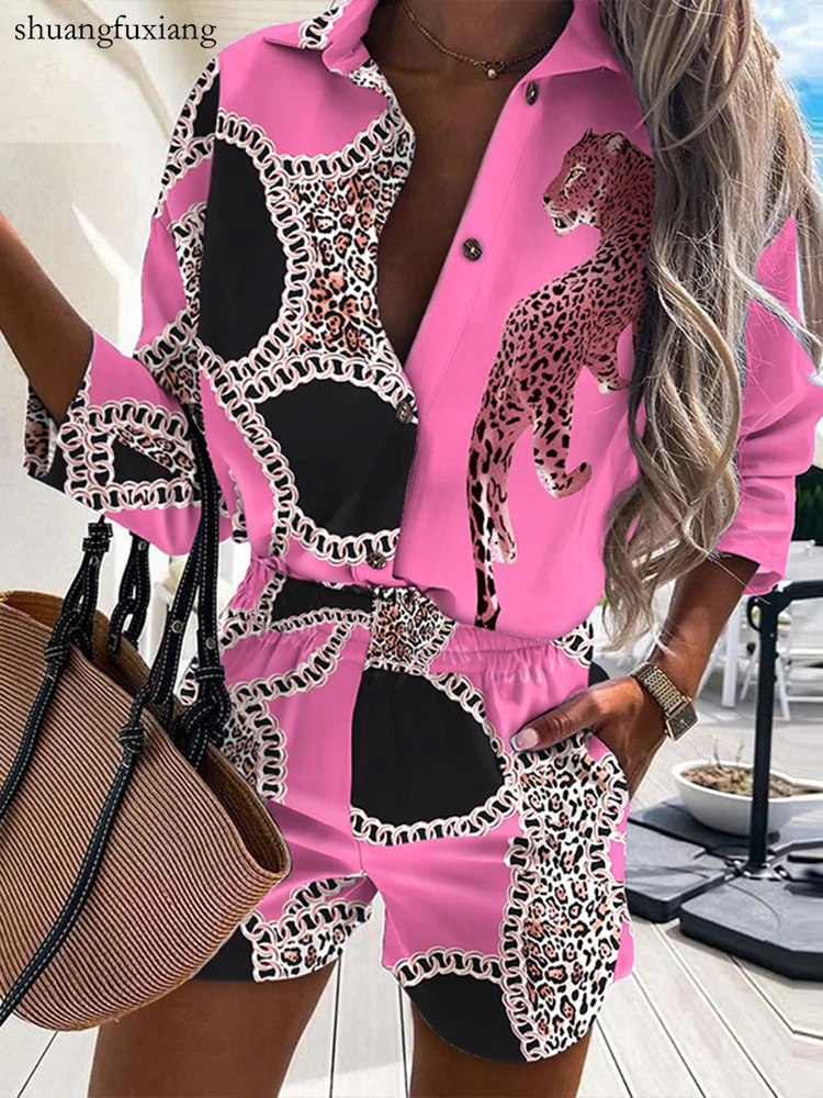 

Casual Beach Shorts Two Piece Sets Summer ladies Half Sleeve Shirt Top And Shorts Suit Autumn Loose Leopard Print Outfits Women