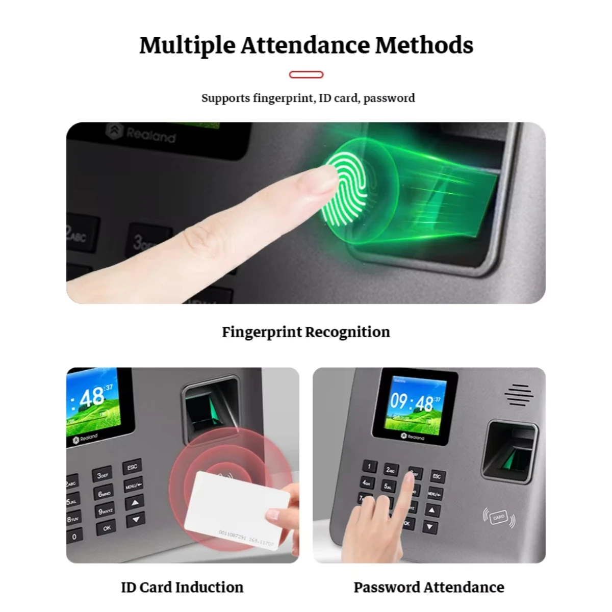 Realand A-L321 2.4인치 얼굴 지문 인식 시간 출석 기계 RFID 카드 TCP/IP/USB(배터리 포함)