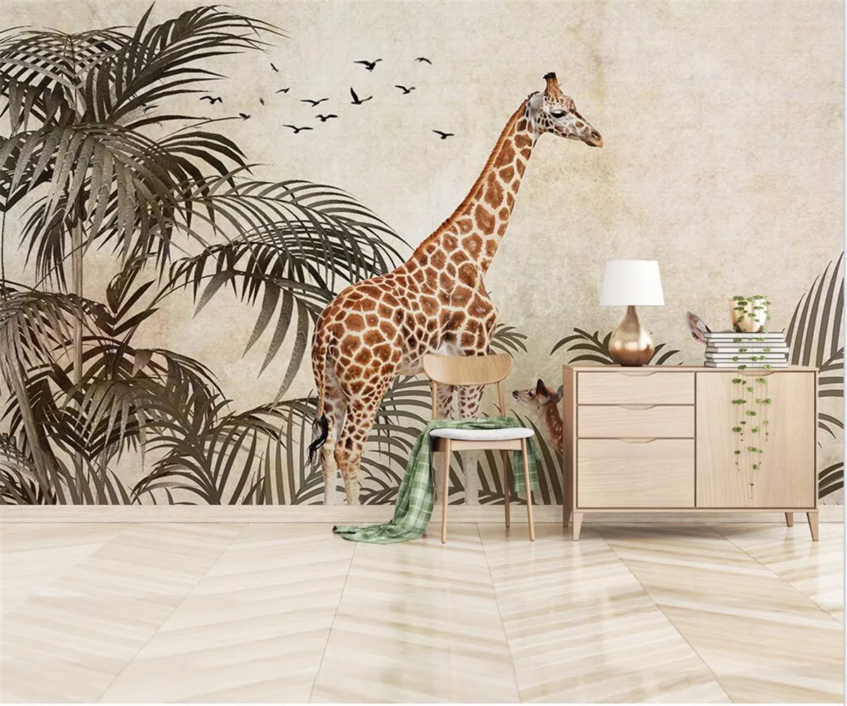 Papel de Parede Personalizado Moderno Novo Quarto Sala Estar Decoração Pintura Tropical Planta Girafa Fundo Papel