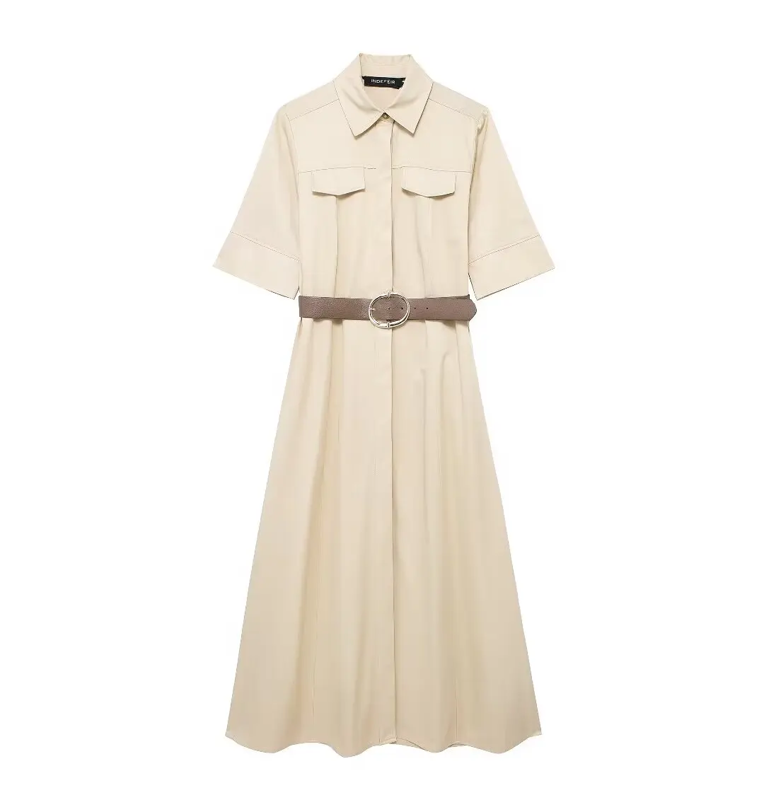 

TRAFZA 2024 Fashion Female Lapel Belt Lapel Casual Shirt Dress Woman Short Sleeves Solid Color Single-Breasted Slim Midi Dress