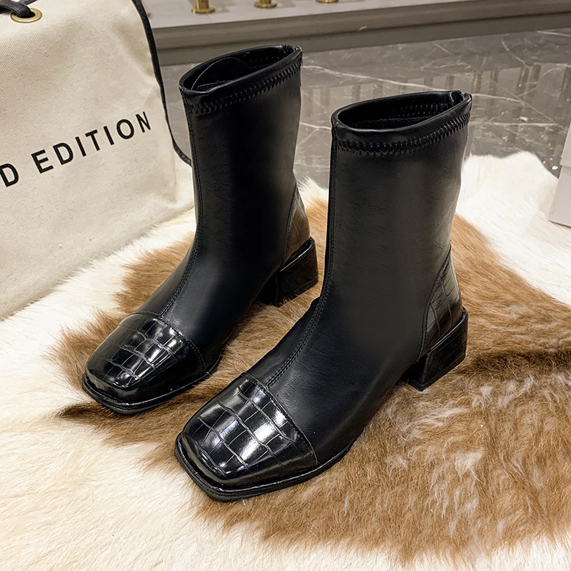 2024 Elegant Texture Embossed Square Toe Ankle Boots Woman Winter Warm Plush Lined Stretch Booties Ladies Low Heel Back Zipper