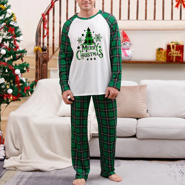 Matching Family Christmas Pajamas Set with Reindeer Print Tops and Red Plaid Pants - Cozy Winter Sleepwear for the 3