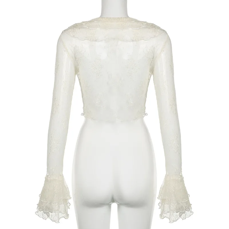 HOUZHOU Y2k Transparent Chiffon Blouse Women Vintage Lace Crop Cardigan Long Sleeve Sexy V Veck Shirts Aesthetic Korean Fashion