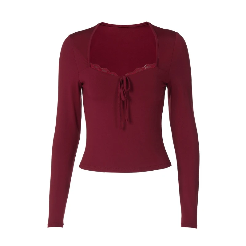 2025 Autumn Latest Fashion Sexy Square Collar Long Sleeve Slim Lace Up Lace Ruffles Patchwork T-Shirt Party Club Clothes