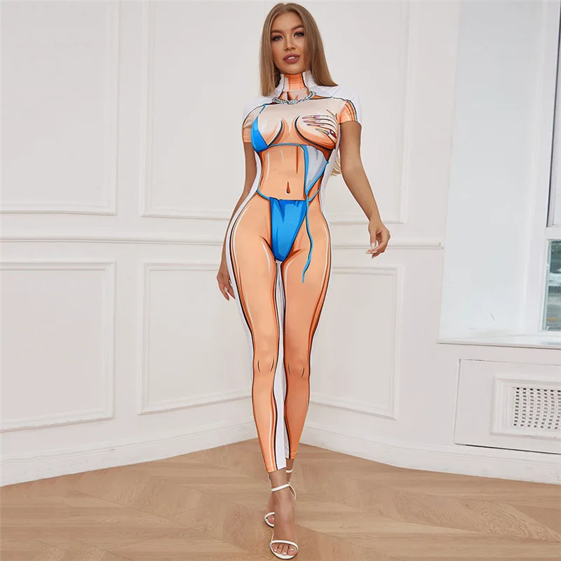 

hirigin Aesthetic 3D Body Printing Jumpsuits Women Hipster Mock Neck Short Sleeve Y2K Sheath Street Attirewear One Piece Outfit