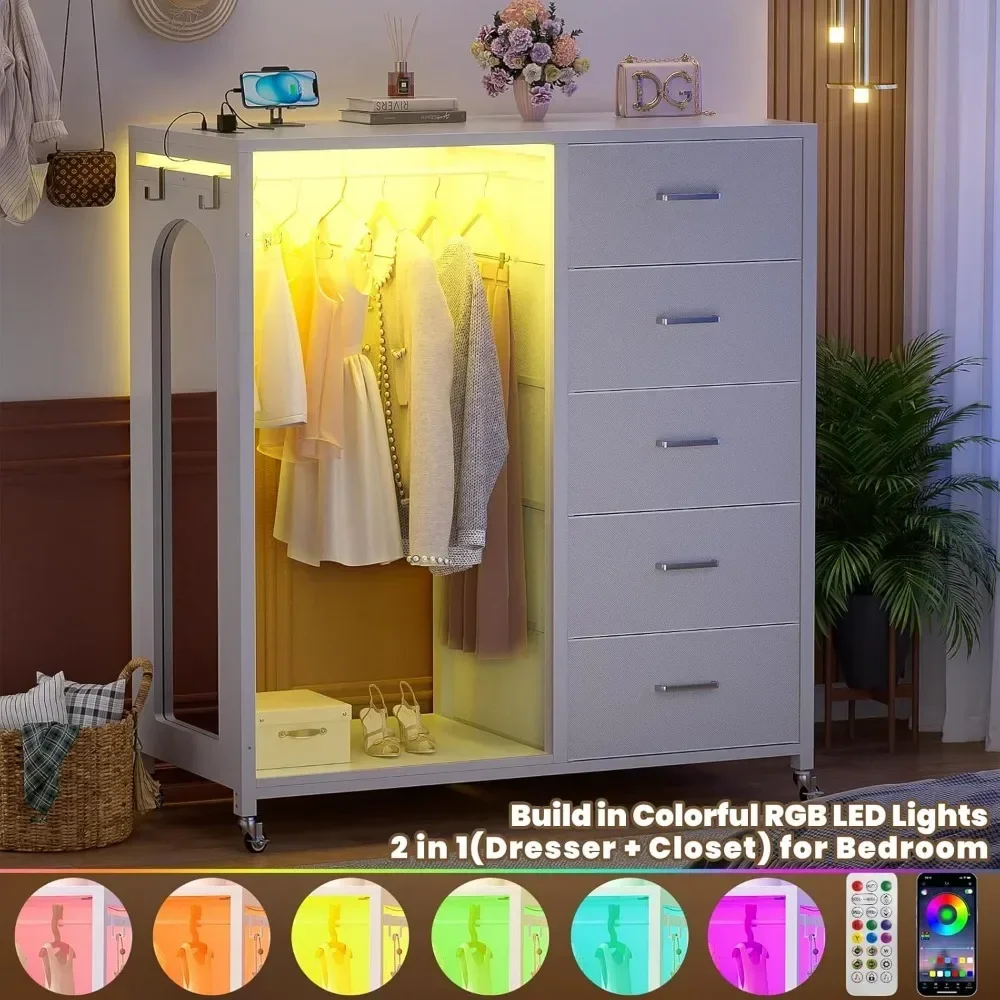 Children's wardrobe with clothes hanger and mirror, white 5-drawer wardrobe with charging station LED lights, drawers can roll
