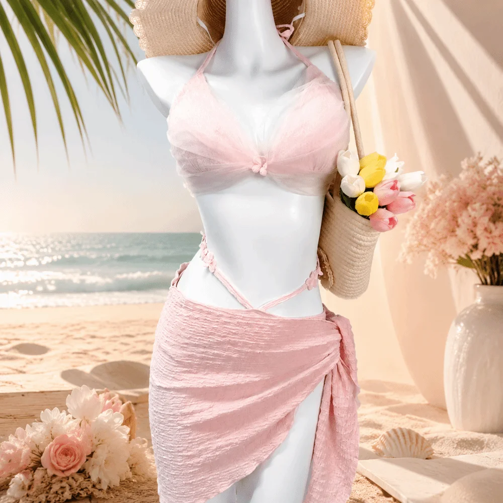 Neues ärmelloses Bikini-Set mit Schnürung, tiefem V-Ausschnitt, 3-teiliger Badeanzug, Strandkleidung, Netz-Badeanzug, Hot Spring