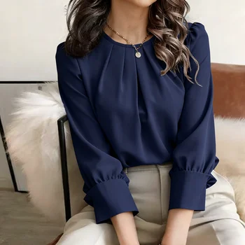 Women's Blouse Round Neck Long Sleeve Tops Solid Pleated Loose Tops Elegant Blouse Spring Summer Casual Blouse Office Light Tops 1