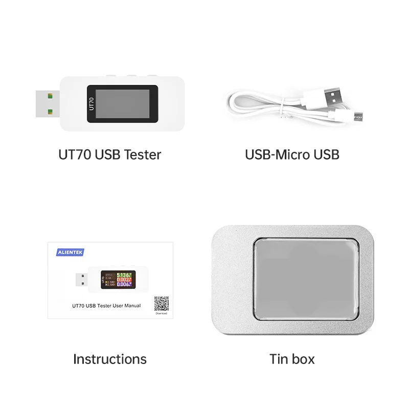 USB 테스터 디지털 전압계 전류계 용량 측정 파형 디스플레이, 전기 기사 TYPE-C, 고속 충전 감지 트리거, UT70