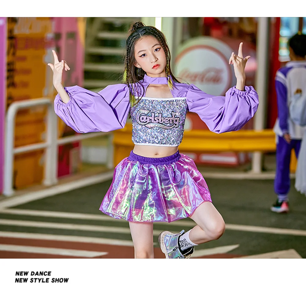 

Catwalk Show Clothes Girls Puff Sleeve Sequins Tops Laser Skirt Kids Dancer Outfit Hip Hop Jazz Dancing Stage Costume