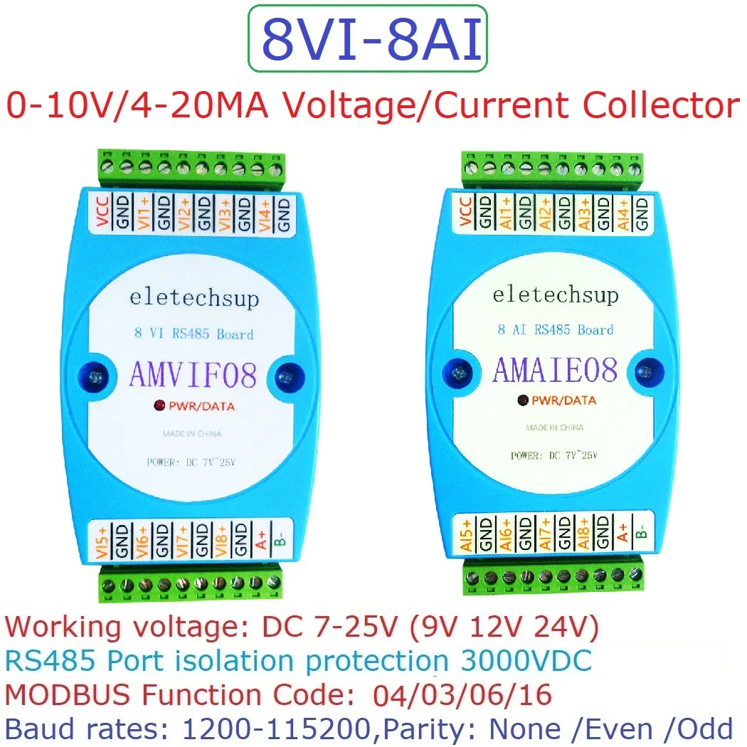 

DC 12V-24V 8 Channel 8AI 8VI 4-20MA/0-10V to RS485 Current/Voltage ADC Collector Read Capture Module MODBUS RTU PLC Board