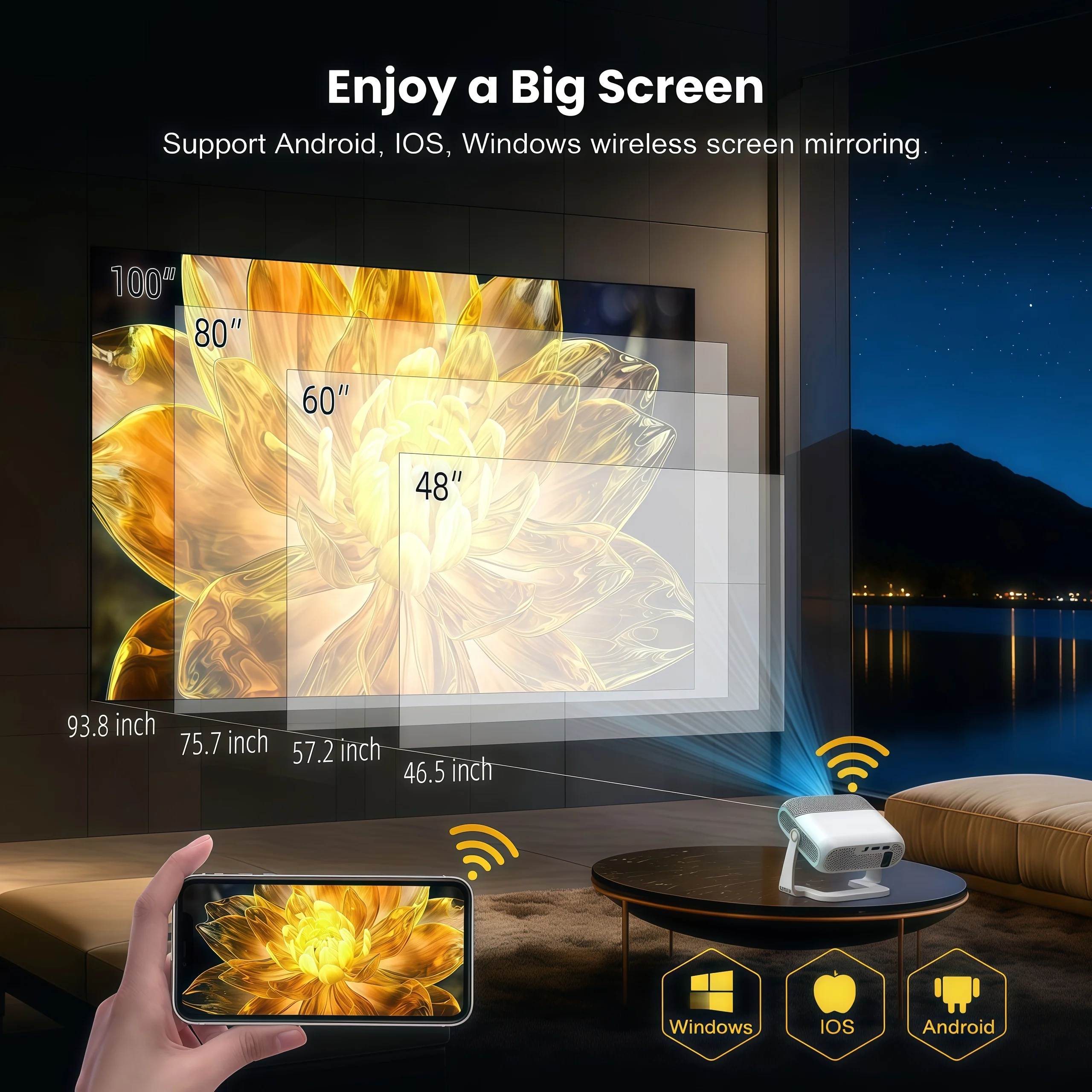 XNANO 안드로이드 14 프로젝터 300ANSI 자동 초점 키스톤 보정 WiFi 6 BT5.2 휴대용 미니 빔프로젝터 1080P 4K 지원 홈시네마 프로젝터