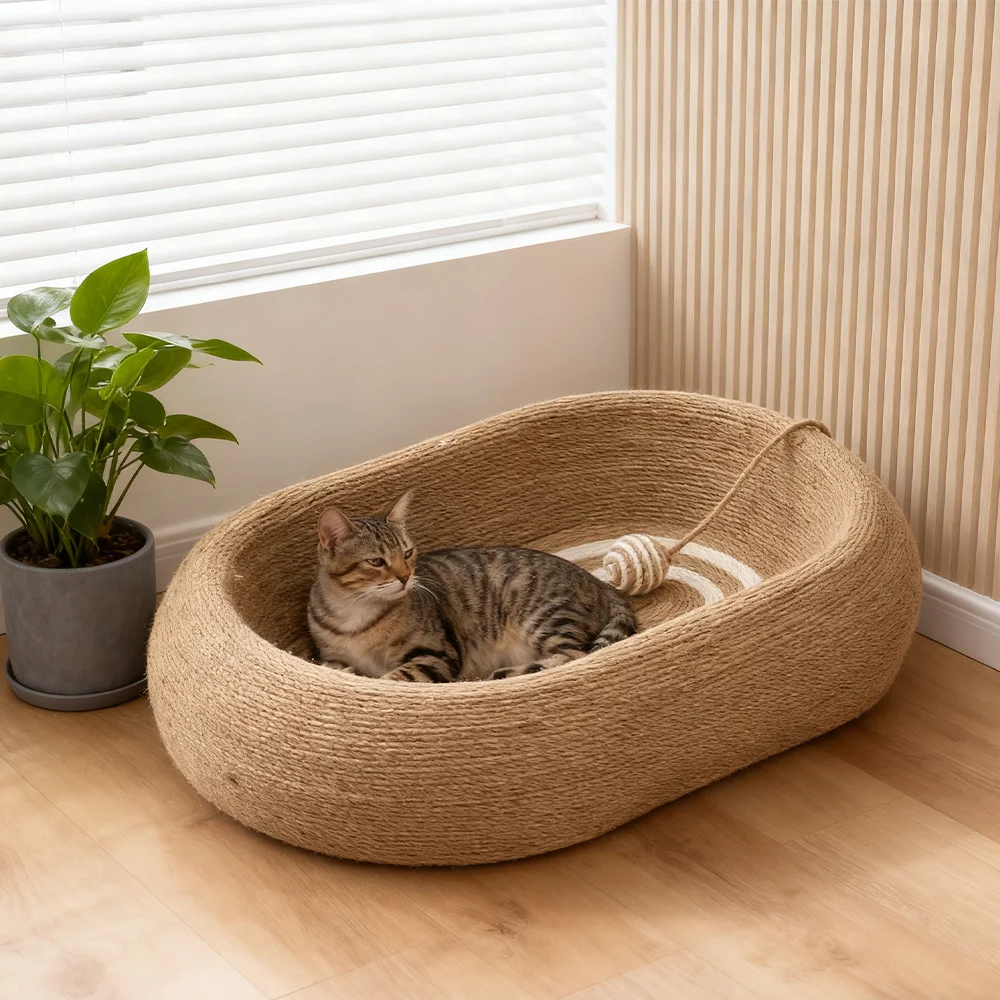 Cat Scratcher Lounge Bed with Interactive Toy Ball Cat Scratch Pad for Indoor Cats, Full Twine Rope 60*40*12cm