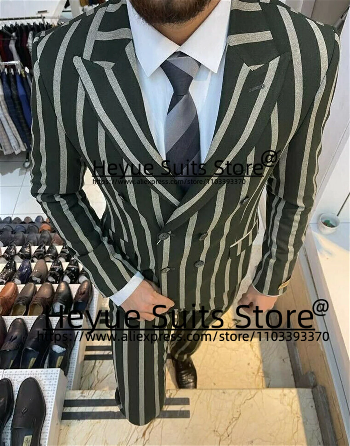 

Double-breasted Green Stripe Men Suits Slim Fit Peak Lapel Groom Formal Tuxedos 2 Pieces Sets Business Male Blazer Costume Homme