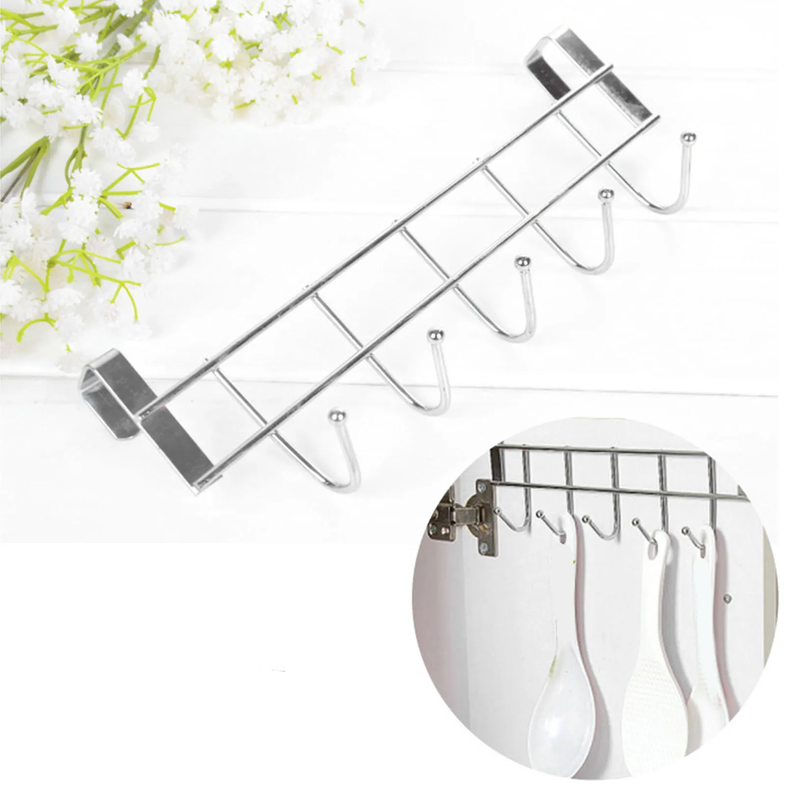 

Door Back Non Punching Hook Thickened Stainless Steel Easy Installation Door Towel Rack With 5 Hooks For Bathroom Cabinets