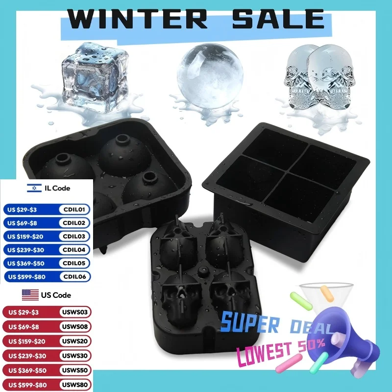 4 Grid Big Ice Tray Mold Box Large Food Grade Silicone Ice Cube Square 2/3PCS Tray Mold DIY Maker Cube for Whiskey