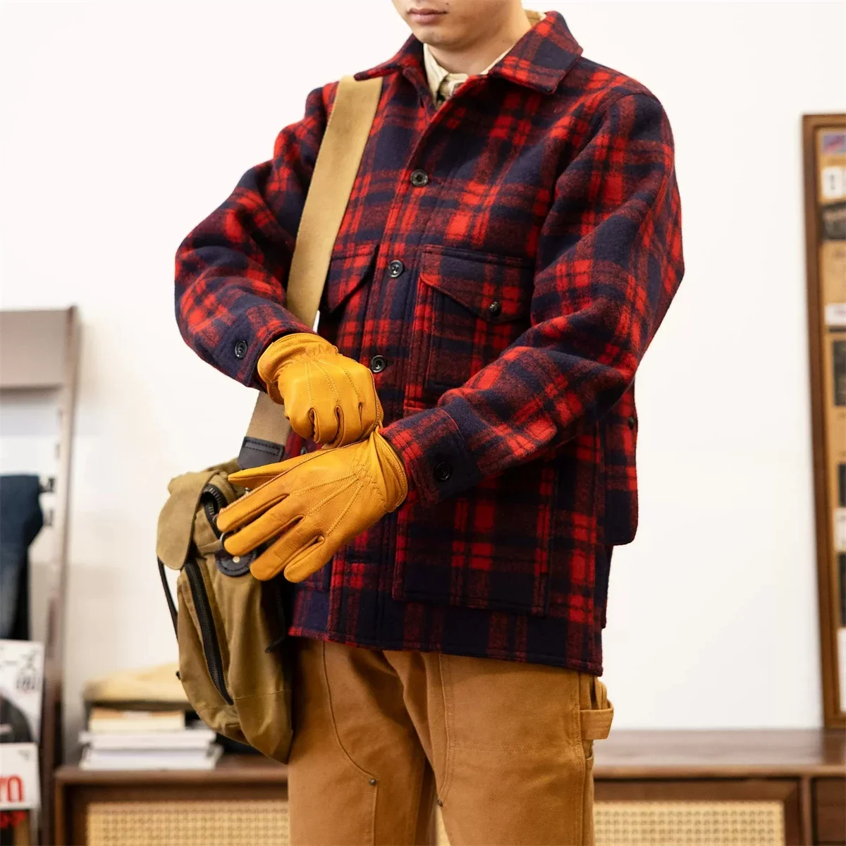 남성용 레드 토네이도 모직 격자 무늬 재킷, 헤리티지 스타일, 레드 및 블루 체크 작업 코트, 두꺼운 플란넬