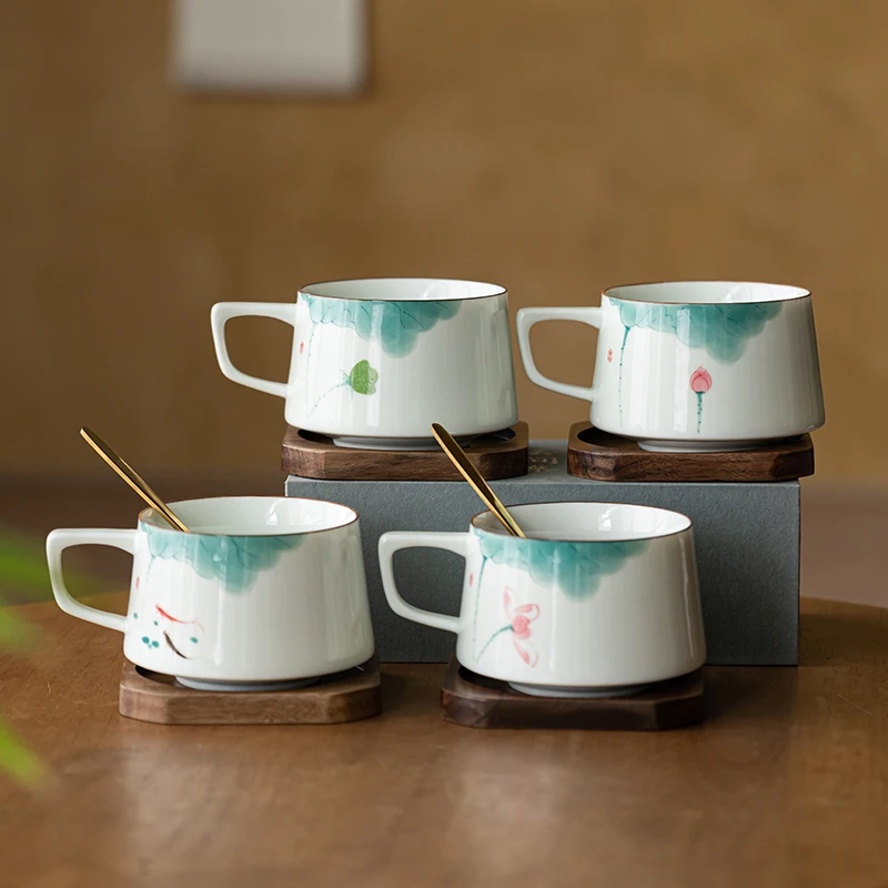 Creative Coarse Hand Drawn Lotus Pattern Cups, Household Office Items Porcelain Water Mug, Coffee Cup and Wood Plate Combination
