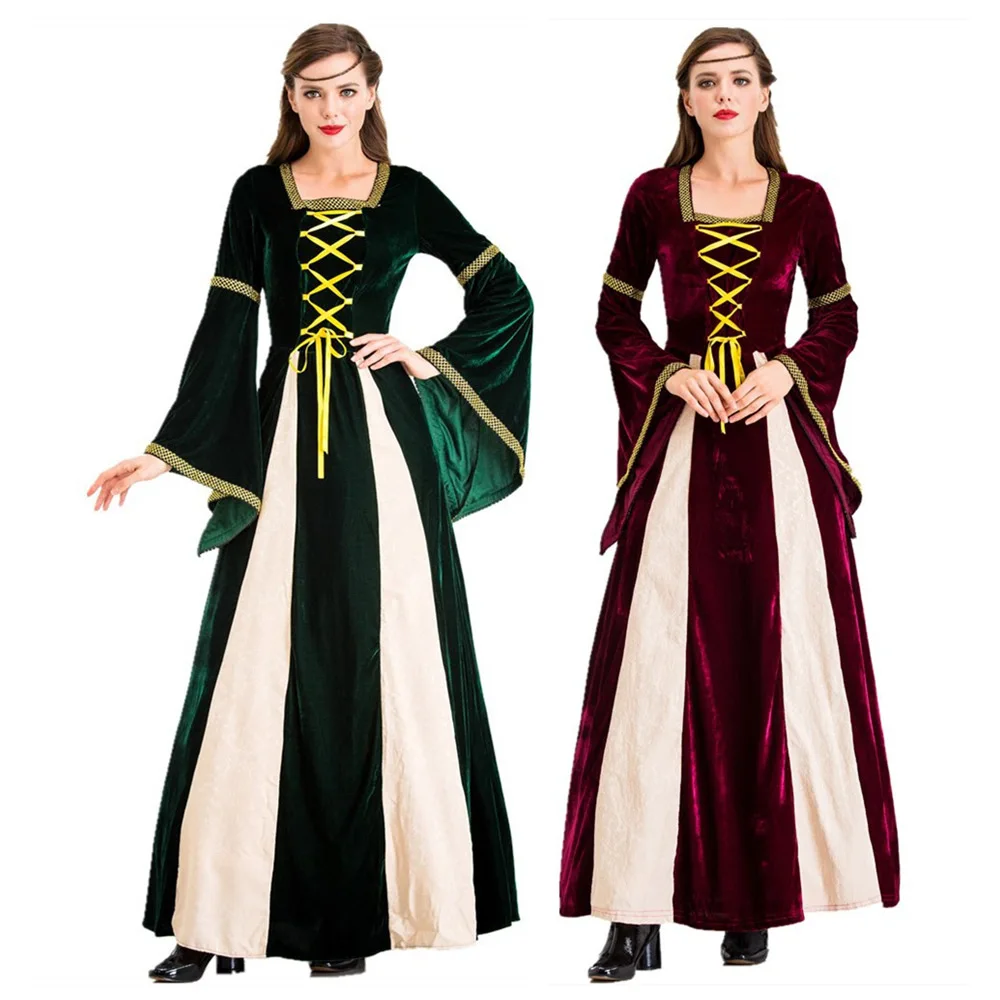 

Women Victorian Medieval Deluxe Velvet Long Dress Palace Queen Princess Halloween Cosplay Costume Retro Gown
