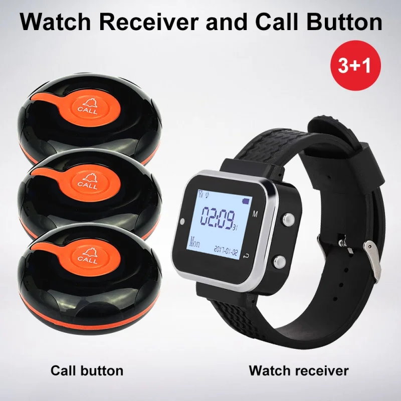 

3 Pcs CTT25 Call Button Transmitters 1Pcs CTW06 Wrist Watch Pager Wireless Calling System Service For Restaurant Hotel Cafe Bar