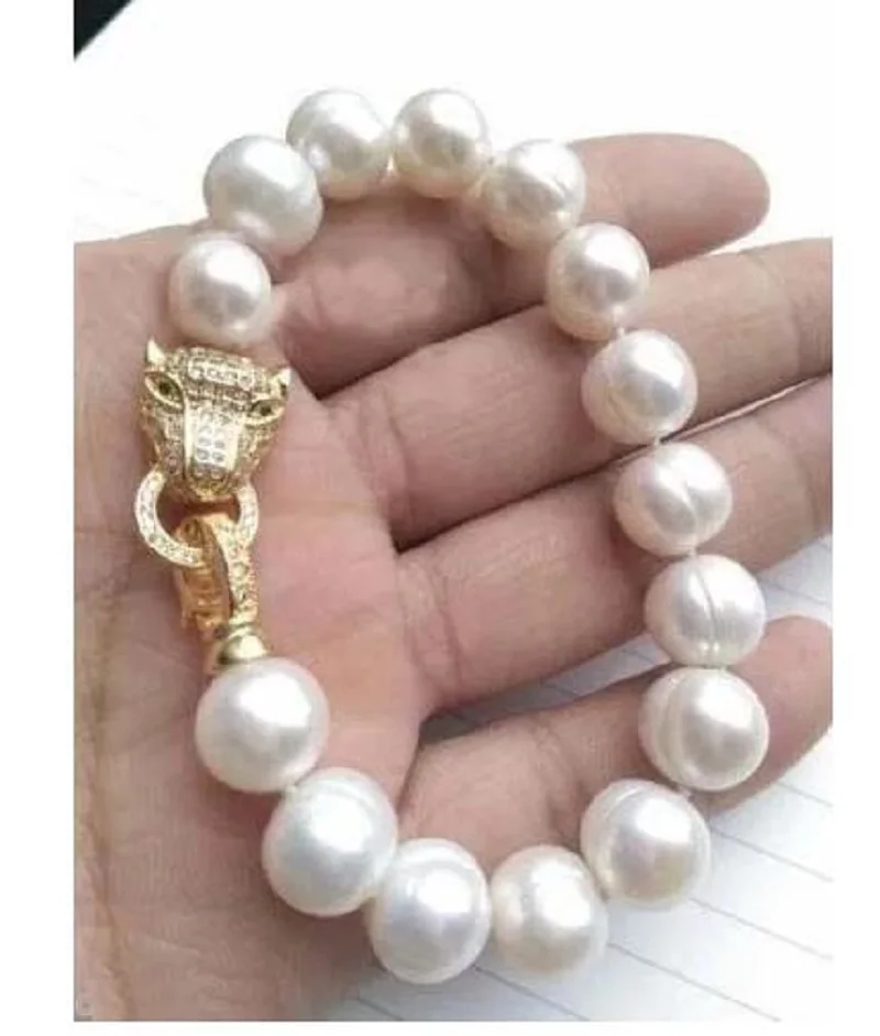 

AAA 10-12mm South Sea Genuin White Pearl BRACELET 7.5-8"Leopard head fine jewelryJewelry Making