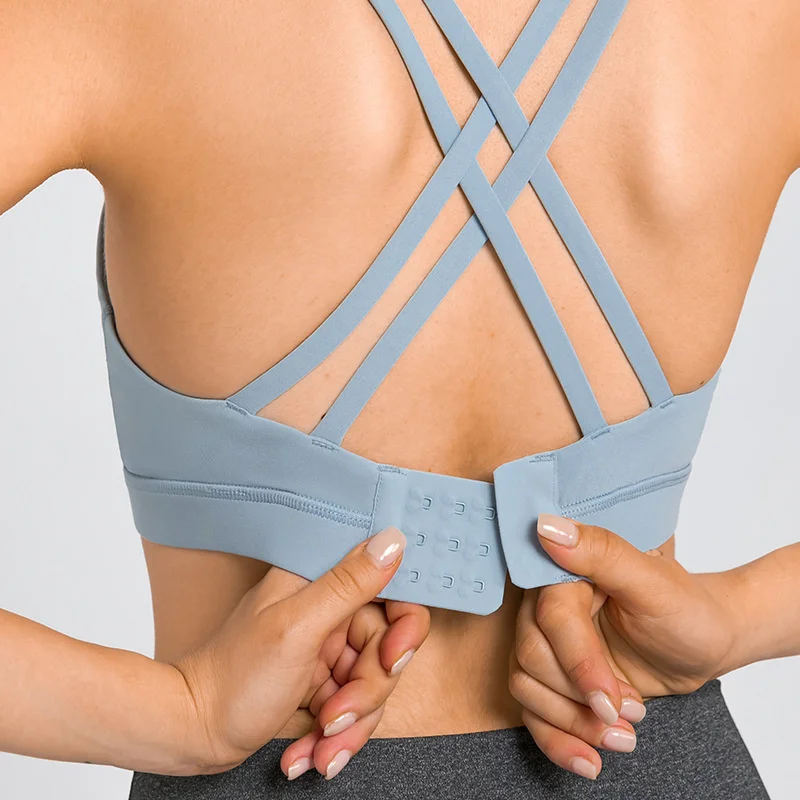 

High Impact Cross Strap Workout Gym Yoga Sport Bras Women Back Closure Buckle Running Fitness Bra Top Training Wear Padded Tops