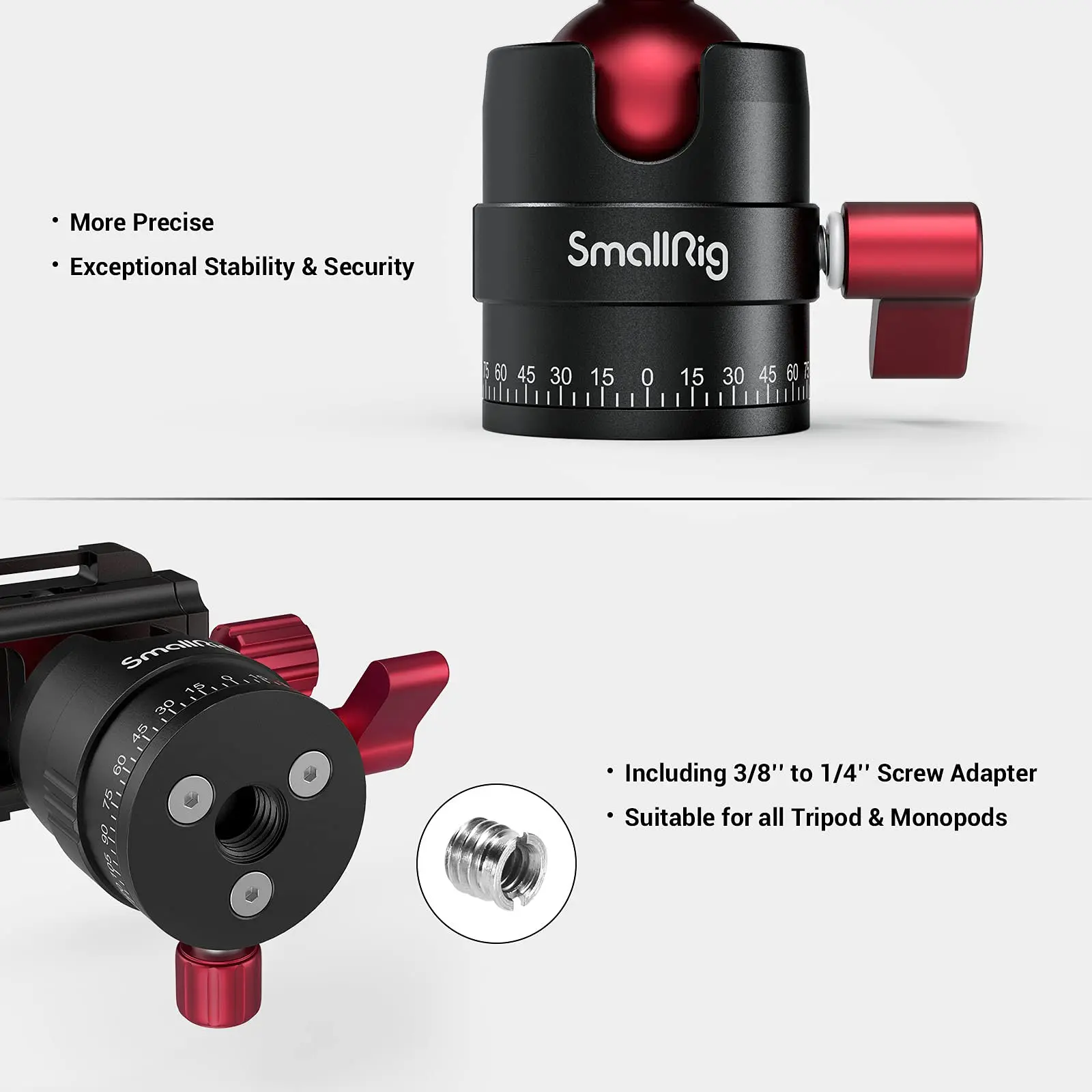 SmallRig 알루미늄 파노라마 볼 헤드, 최대 5kg 보관, 1/4-3/8 나사 어댑터, 1/4 인치 퀵 슈 플레이트 3034