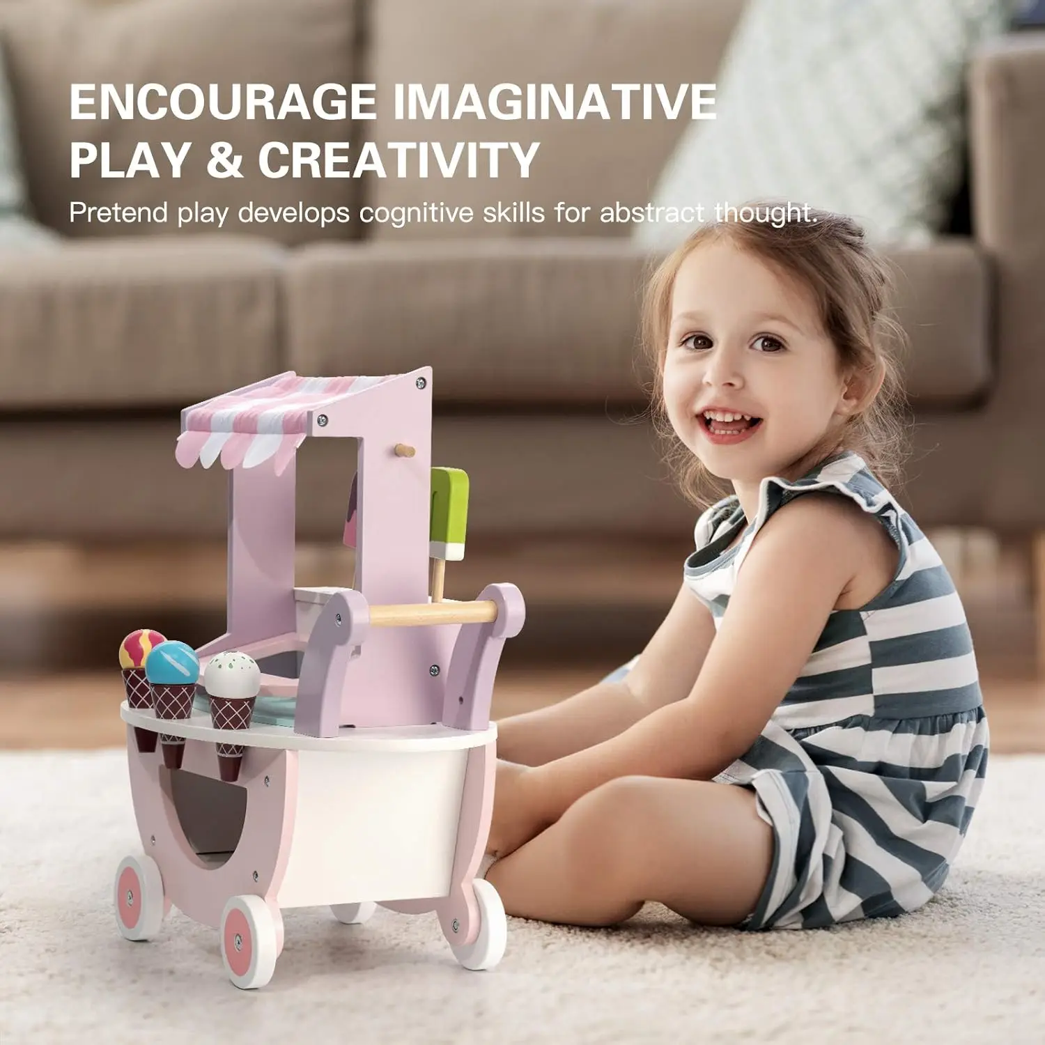 Robotime Robud Wooden Ice Cream Cart Toys Toddlers Pretend Play Food Truck Best Gift For Girls and Boys 3+ Years