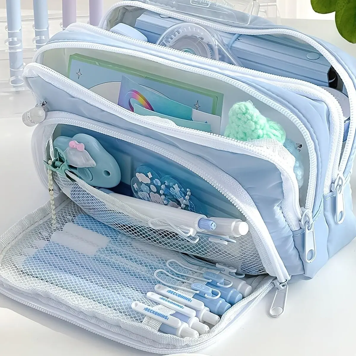 귀여운 멀티 레이어 연필 케이스 파우치, 대용량 펜 케이스 가방, 학생, 학교 및 사무실을 위한 내구성 있는 문구 보관 가방