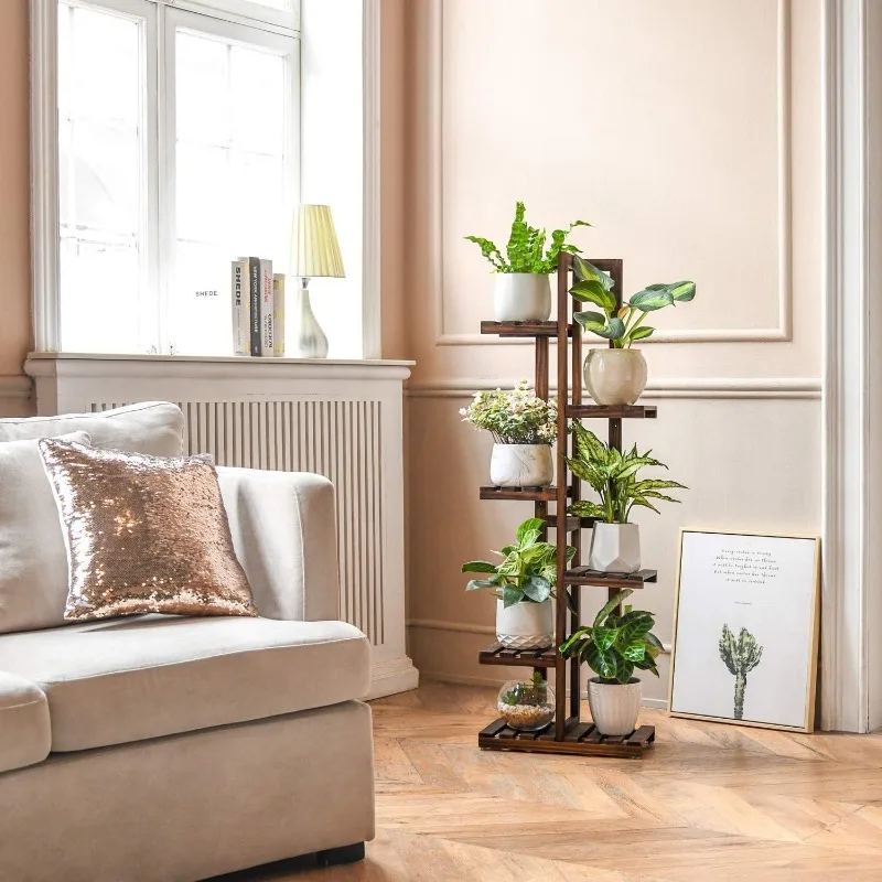 Wood Plant Stand 6 Tier 7 Potted Plant Shelf Indoor Outdoor Tall Multi-tiered Flower Pot Holder Modern Ladder Storage Rack