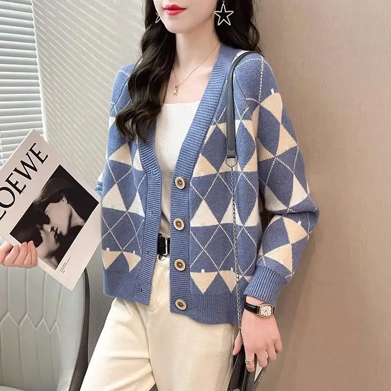 Fashion V-Neck Button Spliced Loose Lattice Cardigan Sweater Female Clothing 2022 Autumn New Casual Tops Long Sleeve Korean Coat