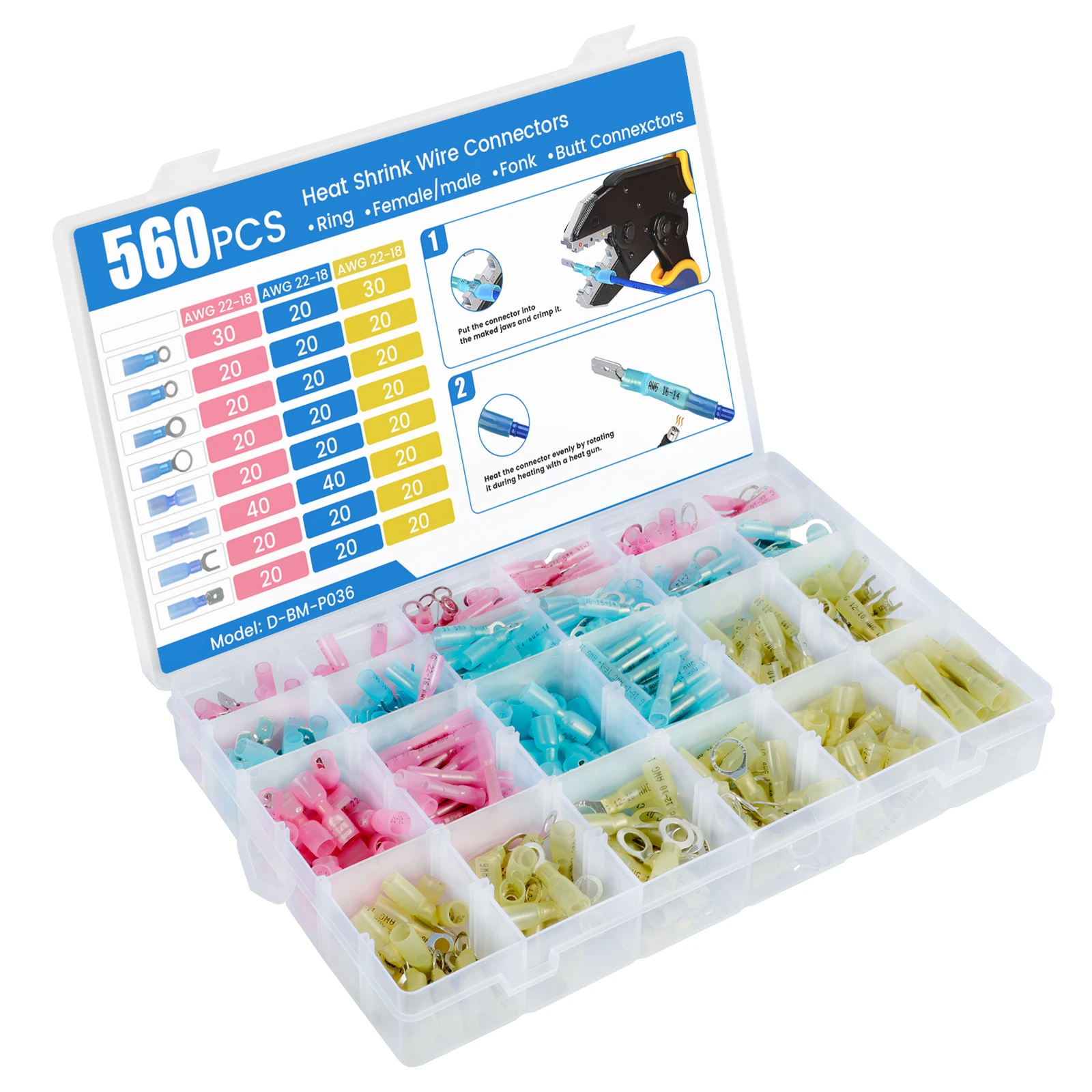 

560Pcs Heat Shrink Wire Connectors Premium Electrical Connectors Kit Insulated Crimp Connector Terminals Ring Multipurpose