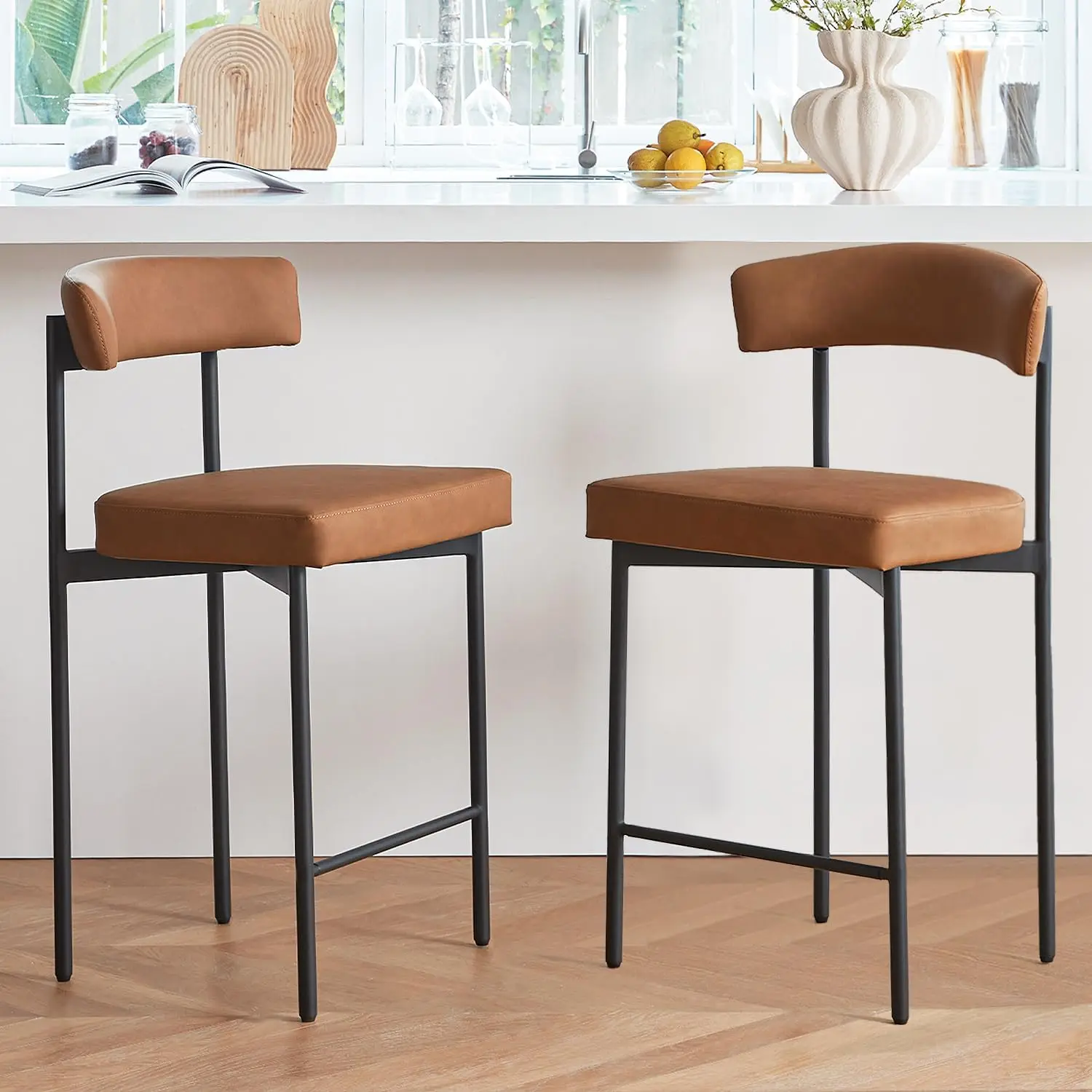 Brown Modern Bar Stools Set of 2, 24 Inch Faux Leather Counter Stools with Curved Backrest, Counter Height Bar Stool