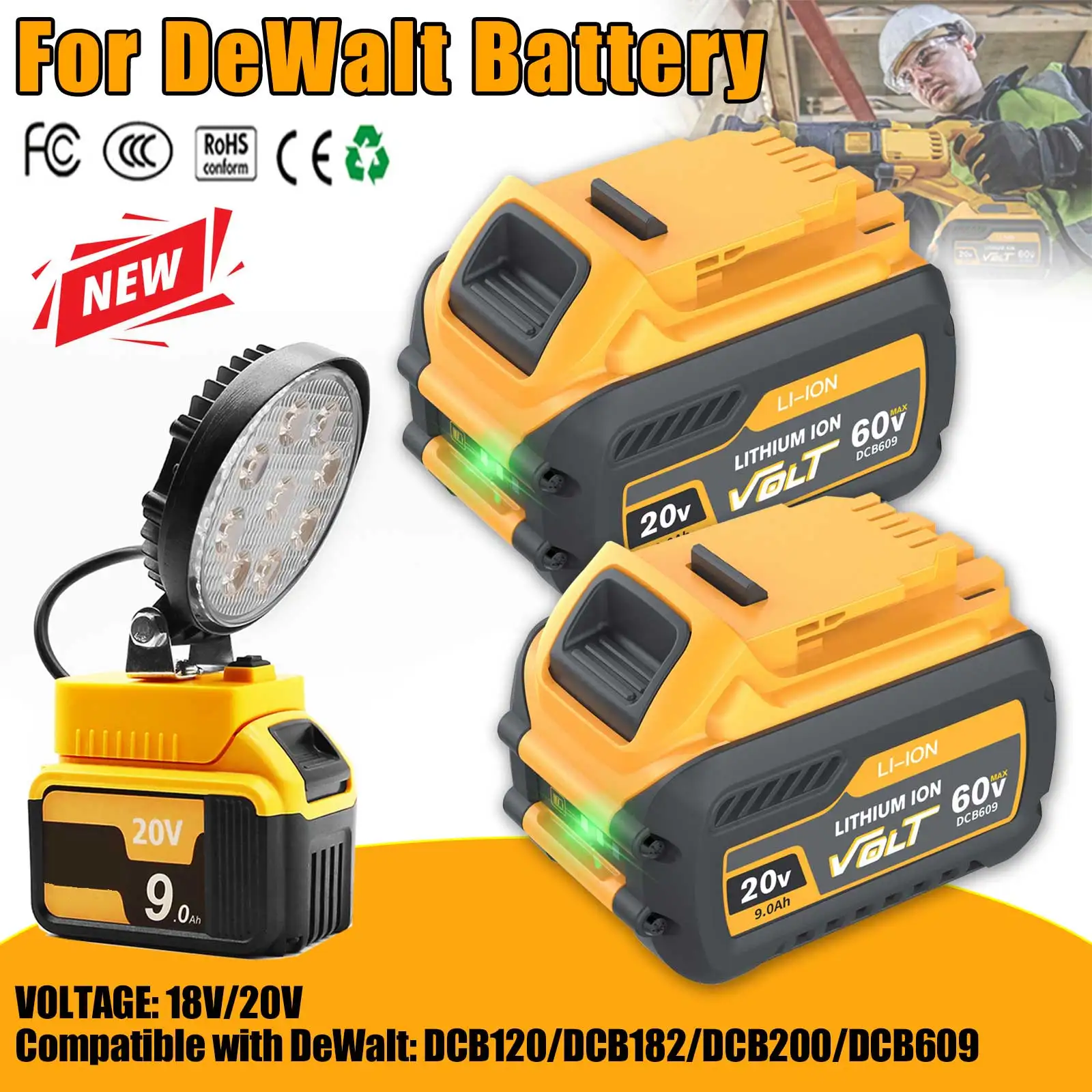 

9000MAH For Dewalt DCB200 20V Replacement Battery Compatible with For Dewalt FlexVolt 120V 60V 20V Tools Battery LED Work Lights