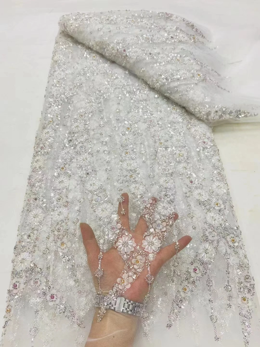 

White African French Beaded Groom Lace Fabric 2024 High Quality Embroidery Luxury Bridal Sequin Lace Fabric For Nigeria Dresses