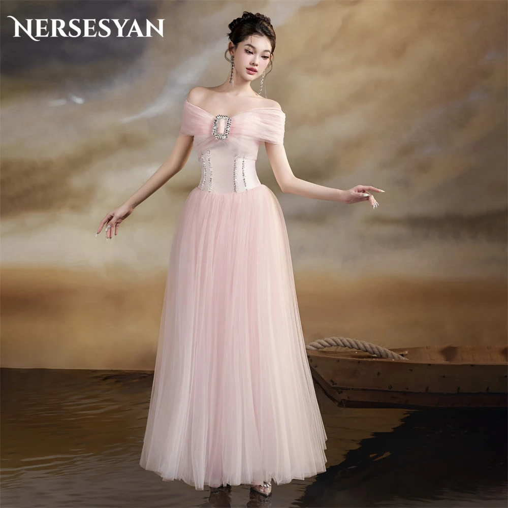 

Nersesyan Blush Pink Glitter Formal Prom Dresses Pleated Off Shoulder A-Line Evening Dress Backless Sleeveless 2024 Party Gowns