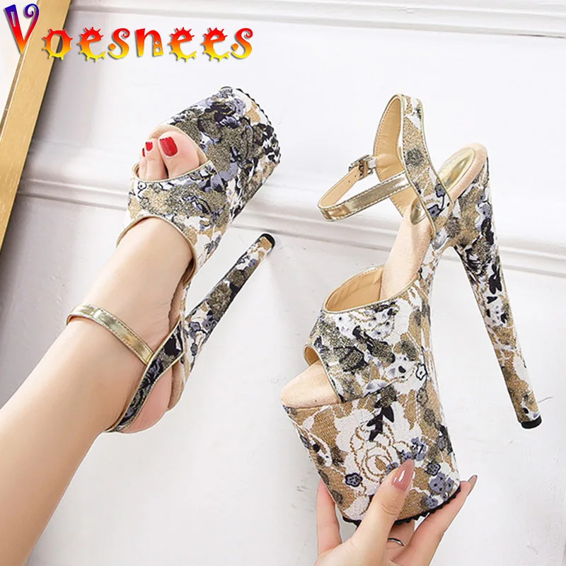 

Voesnees New Fashion Flower Print Sandals Women Sexy Open Toe Platform Heels Pumps Summer Gladiator Pole Dance Training Shoes
