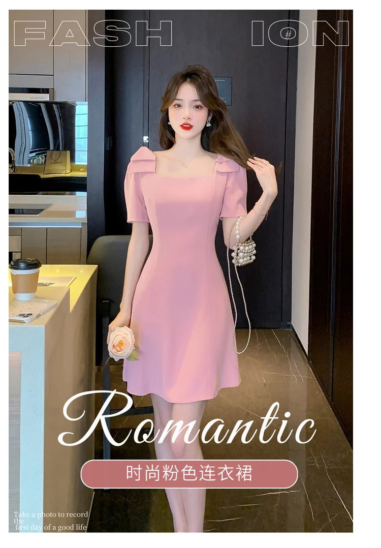 ワンピース Gyeong : 24SS / Mini Puff Dress (2colors) Summer Pink Bow Square Collar Sexy Club Mini Dress Women